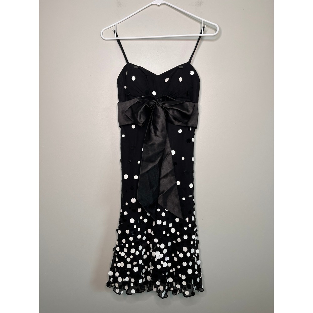 2000s Y2K Scala Black White Sequins Satin Silk Hoco Prom Bows Babydoll Dress XS